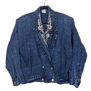 Vintage Embellished Denim Jacket Women’s Large 100% Cotton Embroidered